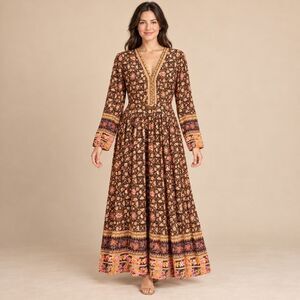 The Pyramid Collection Women's Floral V-neck Boho Maxi Dress Brown M NEW